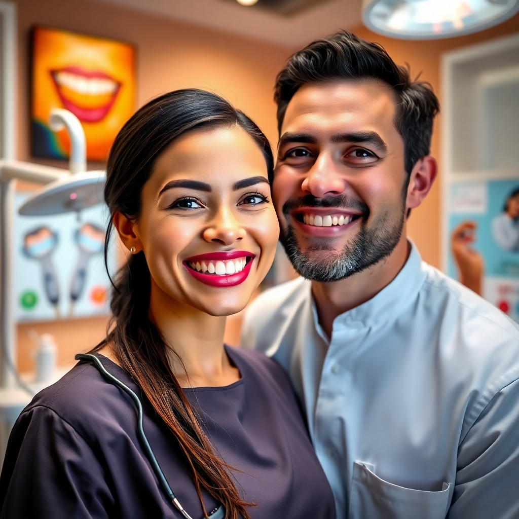 Generate an ultra-high quality image showcasing a beautiful, confident patient smiling brightly in a well-lit dental studio. The background should feature modern cosmetic dental equipment and colorful dental posters. Soft, dramatic side lighting should highlight the patient's radiant smile, which showcases bright, white teeth and perfectly shaped aesthetics. The dentist stands beside the patient, providing reassurance with a friendly expression. Utilize a warm color palette that creates an inviting and cheerful atmosphere. Details like the chrome instruments and the glossy finish of the dental chair should be meticulously rendered. Capture the textures of skin and enamel in vivid detail. The image is designed in 8K resolution, hyperrealistic, and ultra-detailed, embodying a transformative experience in dental care.