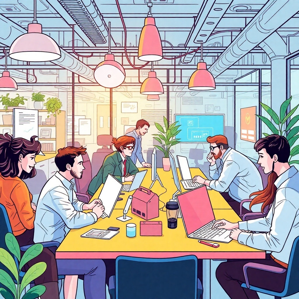 Illustrate a busy coworking space where professionals of various fields utilize Microsoft Office with Copilot integration. The scene should depict interactions full of energy and creativity, combining a contemporary color palette with interesting visual themes. Focus on textures reflecting technological innovation and collaboration, aiming for a vivid image that conveys the spirit of AI in the workplace at high quality.