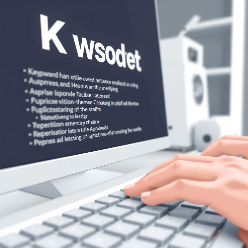 Illustrate a close-up of a computer screen with highlighted keywords and title examples. The lighting should be bright and focused on the screen, showcasing clarity and precision. The environment should have a minimalist design, with a color palette featuring white and grey to emphasize simplicity. Add texture details like a finger typing on the keyboard, creating a relatable and dynamic atmosphere. This should be a high-resolution image.