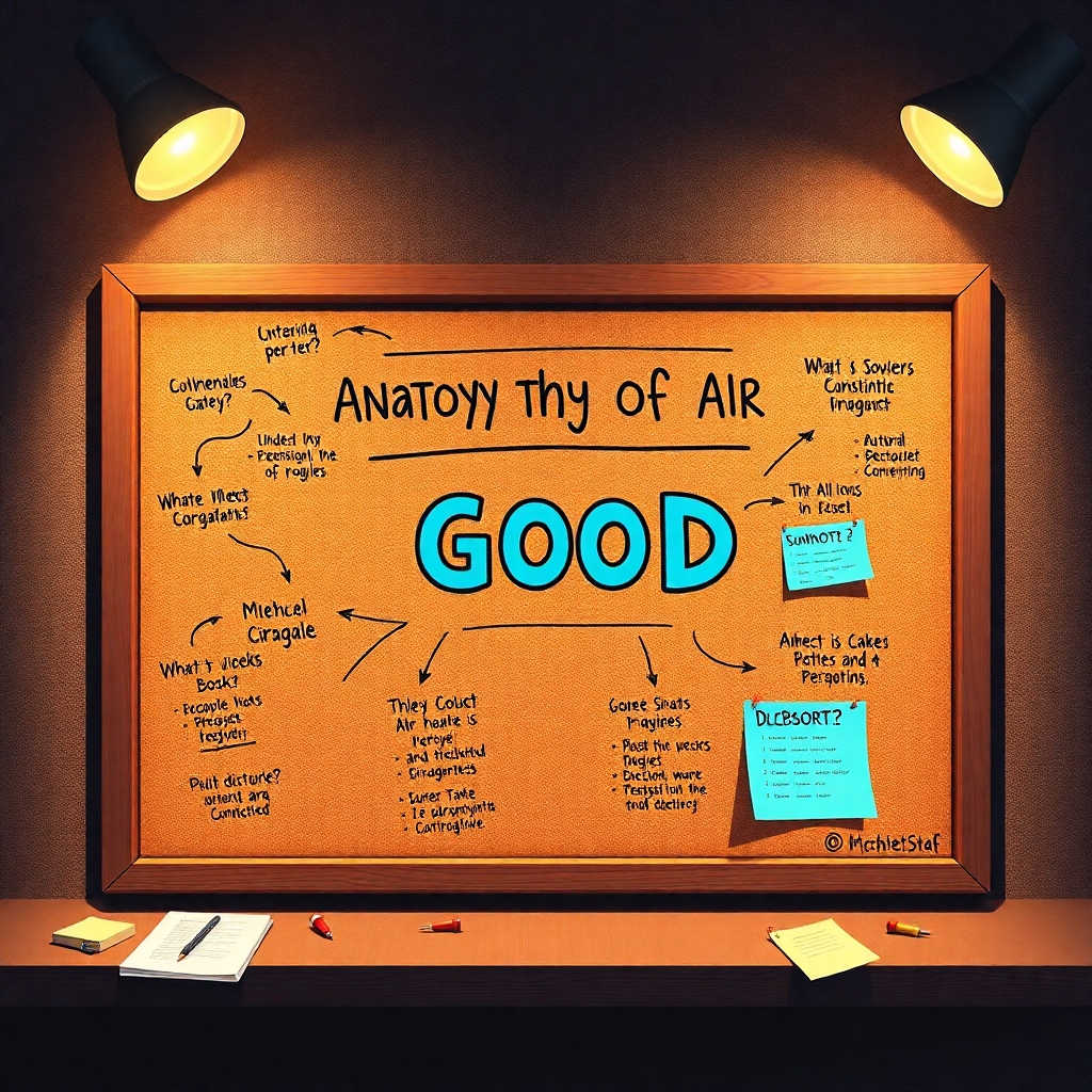 Illustrate a detailed infographic on a corkboard showing the anatomy of a good title. The lighting should be ambient yet focused on the board, highlighting the textual elements. Use a color palette of earthy tones with pops of color for visual interest. Include pins and notes scattered around to emphasize the brainstorming aspect, making it an engaging visual aid.