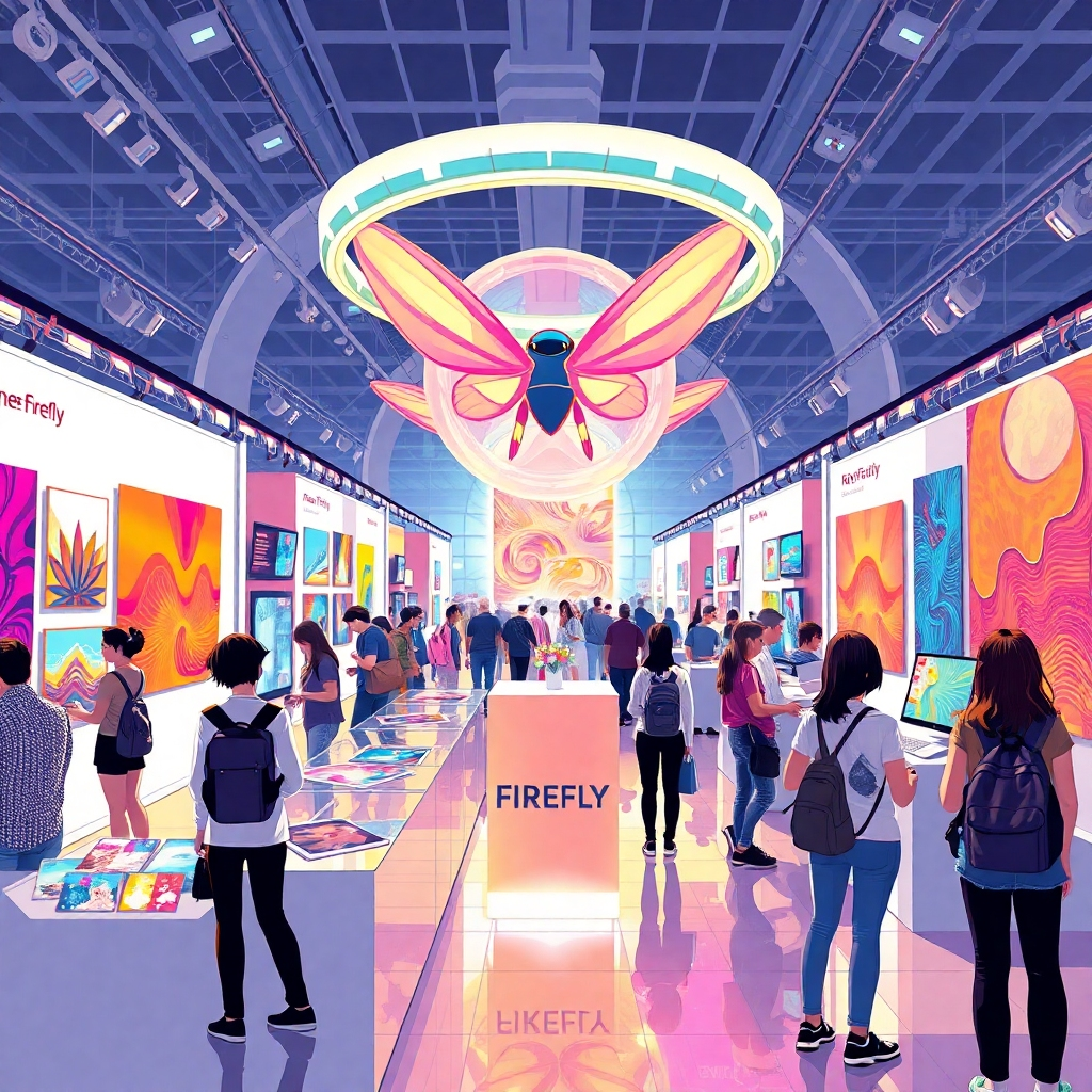Illustrate a futuristic arts fair where Adobe Firefly is displayed among innovative technologies. Attendees engage with interactive exhibits showcasing their artistic interpretations. Bright, engaging colors should dominate the atmosphere, emphasizing the vibrancy of creativity supported by AI. Aim for hyperrealism to convey the significant role of this technology in shaping the future of creative expression.