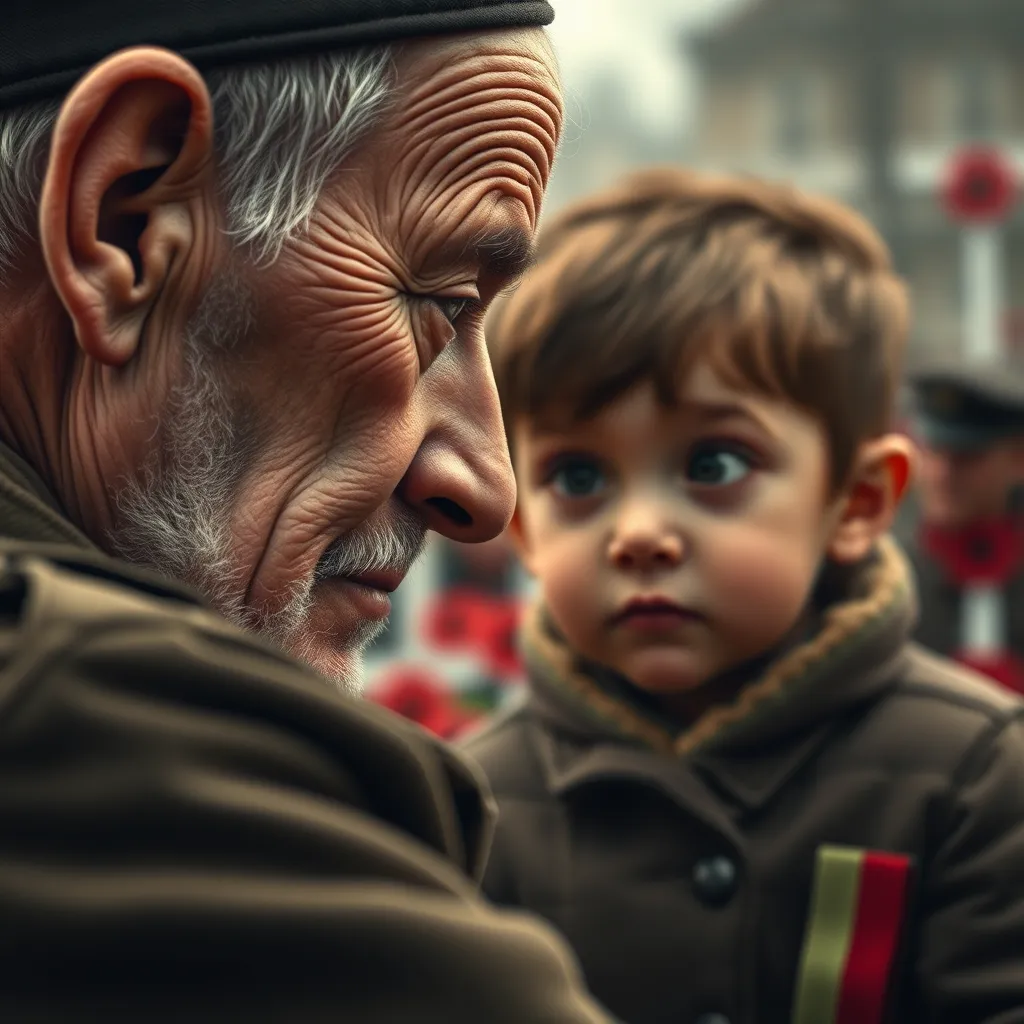 Illustrate a poignant close-up scene of a veteran sharing stories with a child, surrounded by a backdrop of a Remembrance Day ceremony. Focus on the expressions of both individuals— the veteran's worn face showing wisdom and bravery, and the child's wide eyes filled with curiosity. Use soft diffused lighting to create an intimate atmosphere, with a warm color palette of earthy tones to evoke a sense of connection and empathy. The camera should adopt a close-up perspective to enhance emotional engagement. In the background, gently blurred elements of the ceremony—like the gathering crowd and the iconic poppy wreaths—create depth. Add details like the ribbons and medals on the veteran's uniform to symbolize honor. The style should be modern-day documentary photography, aiming for ultra-high-definition 8K resolution, ensuring each expression conveys the weight of remembrance.