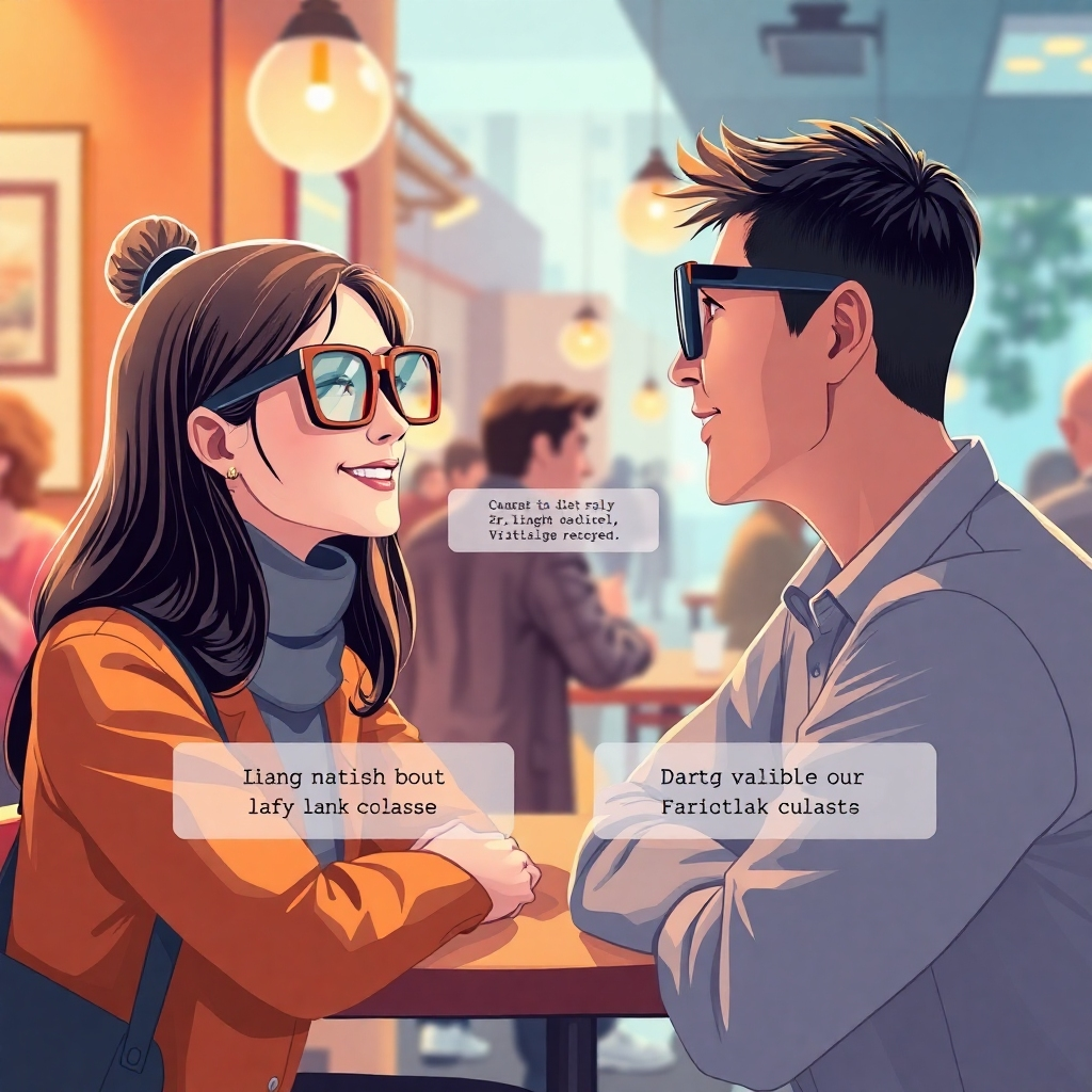 Illustrate a scene in a café where two individuals from different languages are easily conversing through the smart glasses. The glasses should display translated subtitles in the air between them. Use warm, inviting lighting to highlight the friendliness of the interaction, with background elements capturing the atmosphere of a busy social scene. Aim for hyperrealistic clarity to emphasize the breakthrough in communication technology.