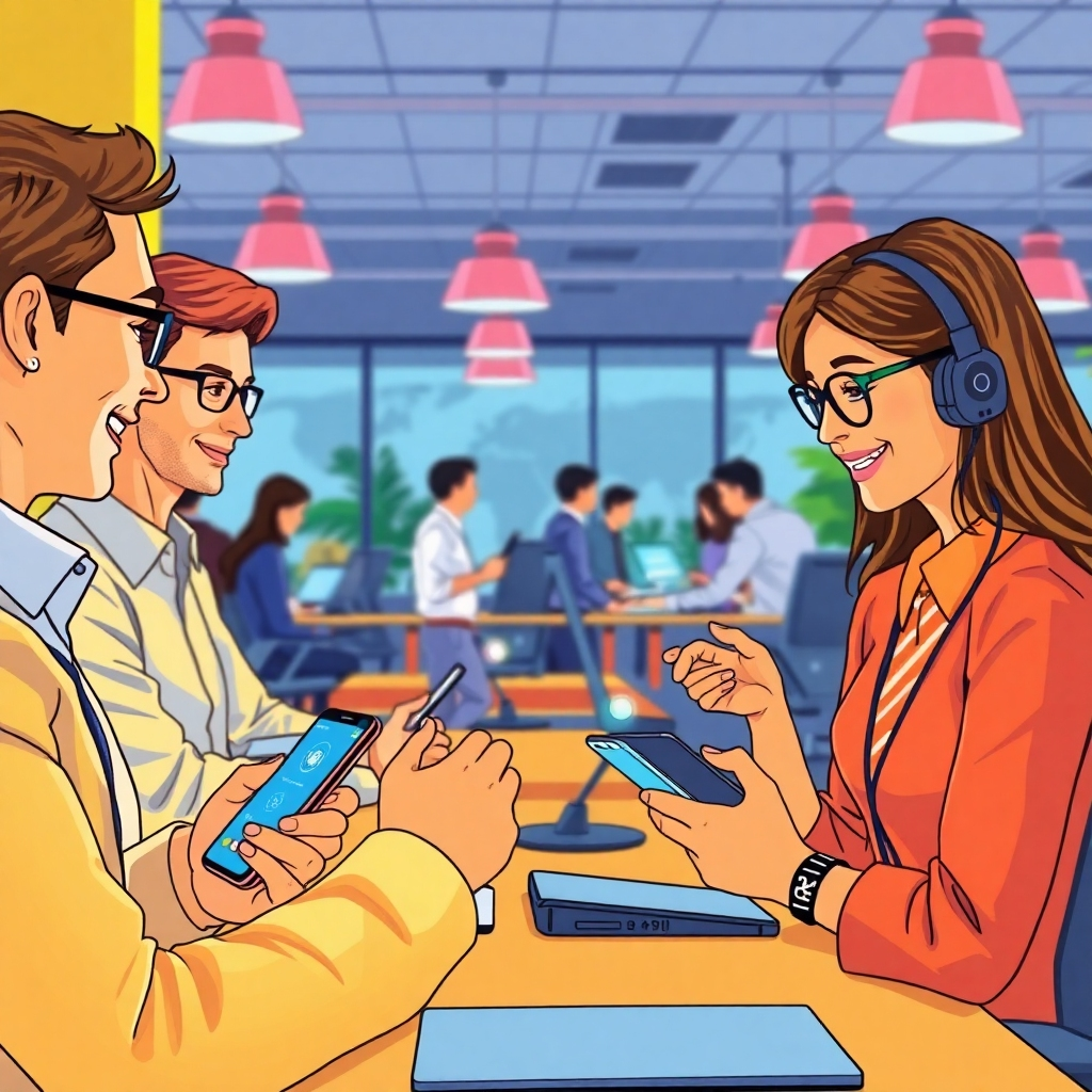 Illustrate a vibrant office environment where professionals interact with AI voice technology on wearable devices and smartphones. Capture candid moments of collaboration and productivity, emphasizing a lively ambiance. Use bright colors to create a cheerful working conditions and include interactive elements like holographic displays. Focus on texture details for devices, and ensure the visual conveys the integration of AI in everyday life at an impressive resolution.
