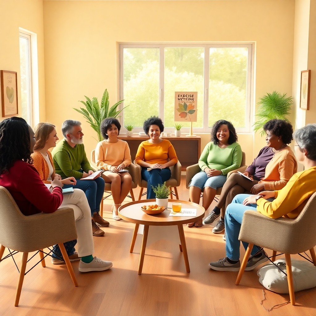 Illustrate a warm and inviting community center meeting room filled with diverse individuals engaging in a support group for exercise motivation. Use natural soft lighting filtering through large windows to create a welcoming ambiance. The color palette should incorporate warm yellows, soft greens, and earthy browns to promote comfort and connection. Capture the scene from a frontal perspective, focusing on a circle of chairs where members share stories, with supportive expressions on their faces. Include props such as notepads, motivational posters on the walls, and a coffee table with healthy snacks. The textures of the room should be cozy, featuring wooden floors and fabric cushions. The overall atmosphere should evoke a sense of encouragement and camaraderie, in the style of community-focused storytelling photography. Ensure the image is hyperrealistic, ultra-detailed, and in 8K resolution, providing a sense of belonging.