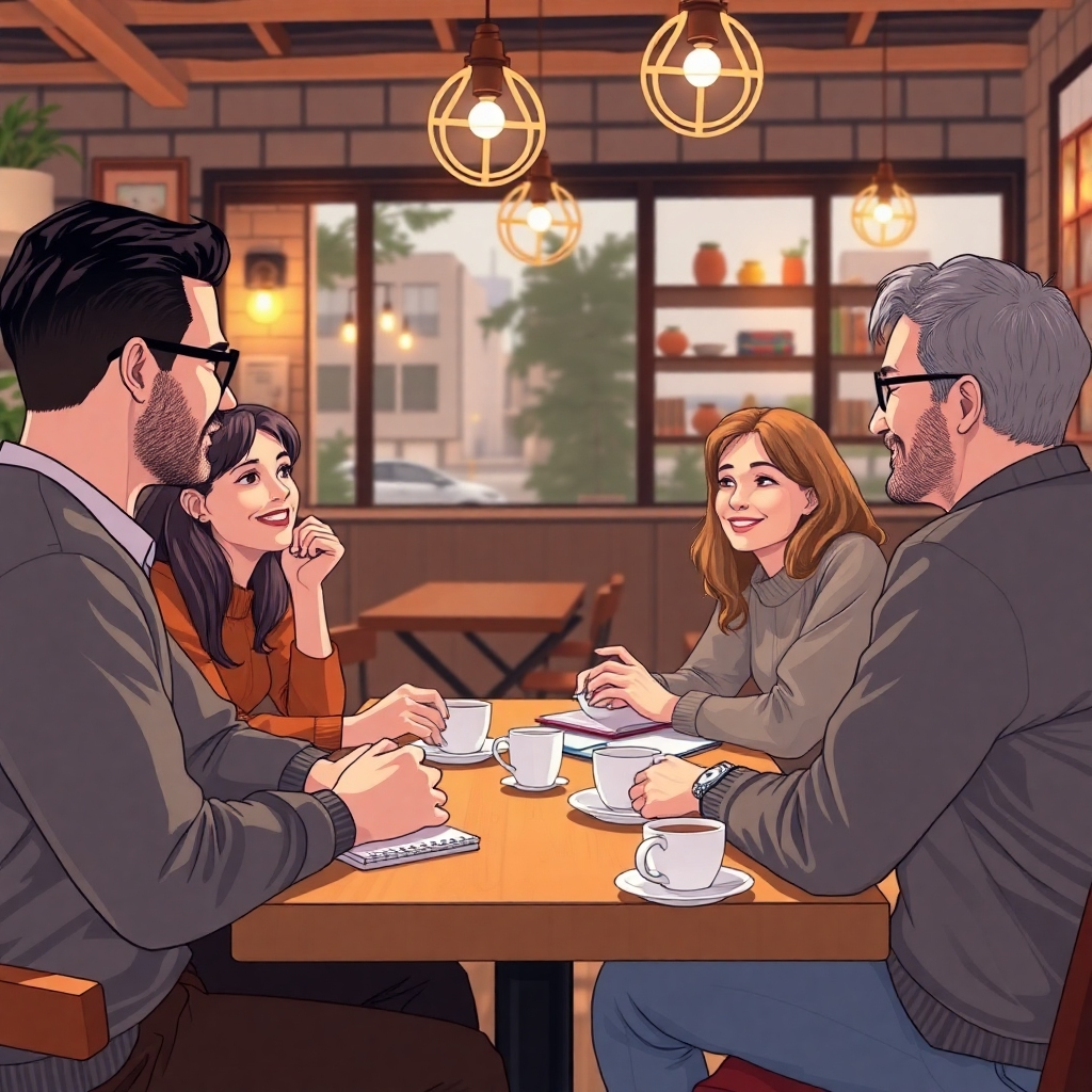 Illustrate a warm, inviting scene of a small group meeting in a cozy café, where individuals share their goals and experiences. Show them engaging with each other, exchanging ideas, and supporting one another, with coffee cups and notebooks in front of them.