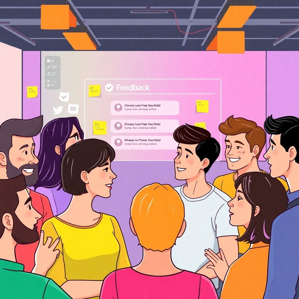 Illustrate an engaging community forum where users actively discuss and share ideas regarding OpenAI's new model. Capture diverse users, their expressions of enthusiasm and curiosity, using bright and inviting colors. A digital interface showcasing feedback options should feature prominently in the background. Focus on creating textures that represent interaction, from touch screens to post-it notes, emphasizing an open environment for collaboration. Ensure a vibrant, high-resolution presentation.