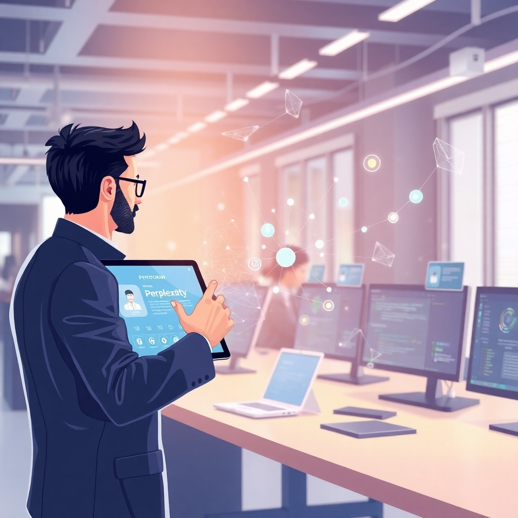 Illustrate an office worker showcasing Perplexity AI on a large touchscreen panel, surrounded by digital assistants in a smart workspace. The lighting should be bright, showcasing the technology at play. Introduce elements of technology flowing through the air, symbolizing data movement. This scene aims for a professional yet vibrant feel, captured in hyperrealistic quality that reflects the advancement of intelligent assistants.