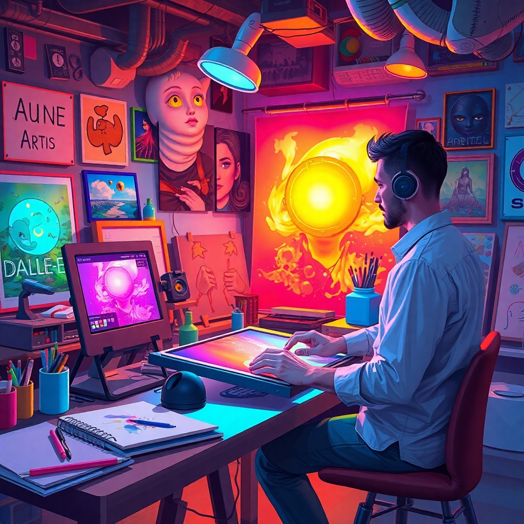 Illustrate DALL-E in action within a creative workspace, where an artist interacts with the platform to generate stunning visuals. The room is vibrant, filled with artworks and creative tools, highlighted by colorful ambient lighting that sparks imagination. Props like sketchbooks or art supplies enhance the atmosphere of creativity. Capture this interaction in stunning hyperrealistic clarity, focusing on the fusion of technology and artistic expression.
