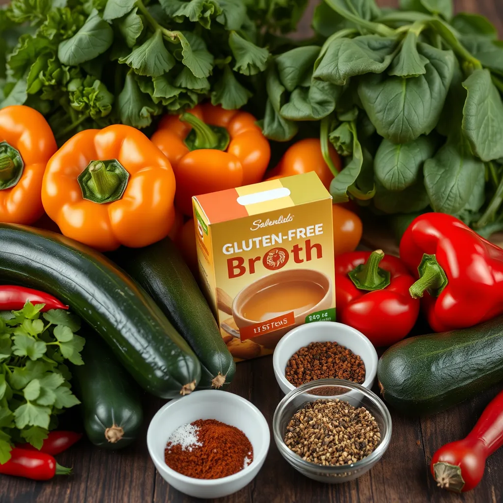 Photorealistic image of colorful fresh vegetables like bell peppers, zucchini, and spinach, alongside a box labeled 'Gluten-Free Broth' and small bowls of various seasonings.