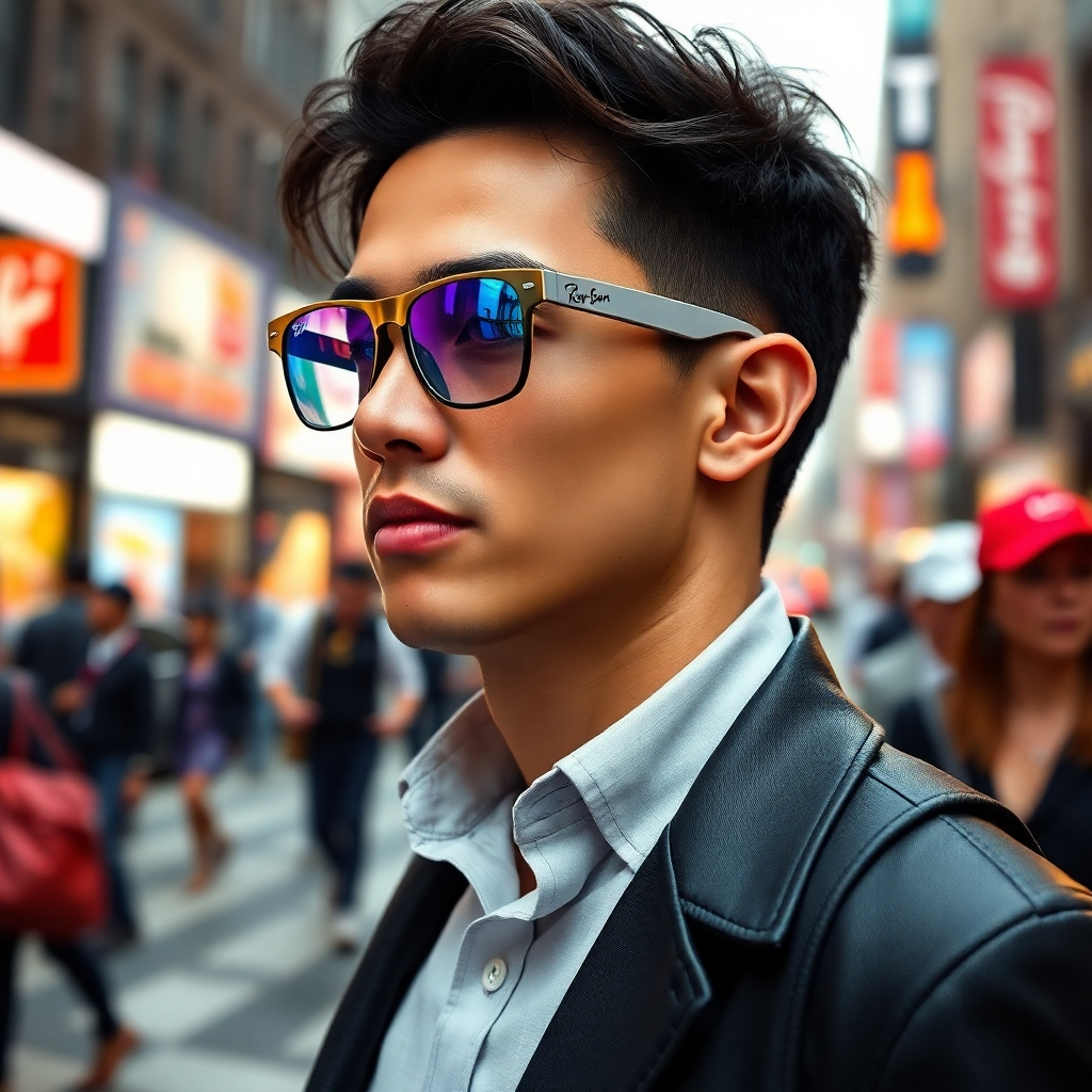 Present a fashionable individual wearing Ray-Ban Meta Smart Glasses, confidently navigating a busy urban environment. The glasses should project augmented reality elements, like live translations of conversations around them. Focus on a vibrant city backdrop, with dynamic street life and engaging colors reflecting the energy of urban culture. Render this scene in hyperrealistic detail to convey the practical use and innovation of wearables in daily life.