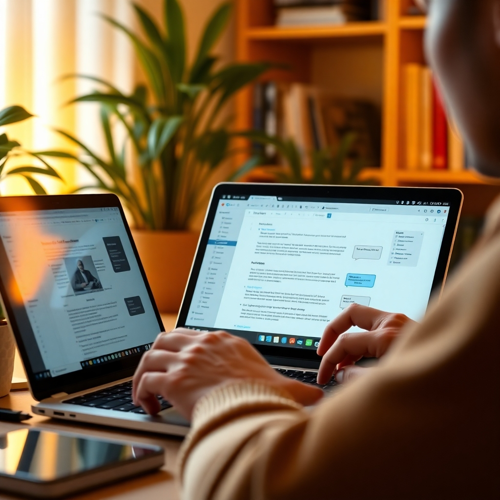 Produce an engaging image of a person editing content on a laptop, with annotations and changes visible on the screen. Use warm, inviting lighting to create a cozy atmosphere. The environment should reflect a home office with plants and books in the background, creating a sense of comfort. Employ a color palette that includes soft yellows and browns. The image should be photorealistic, capturing details of the editing process.