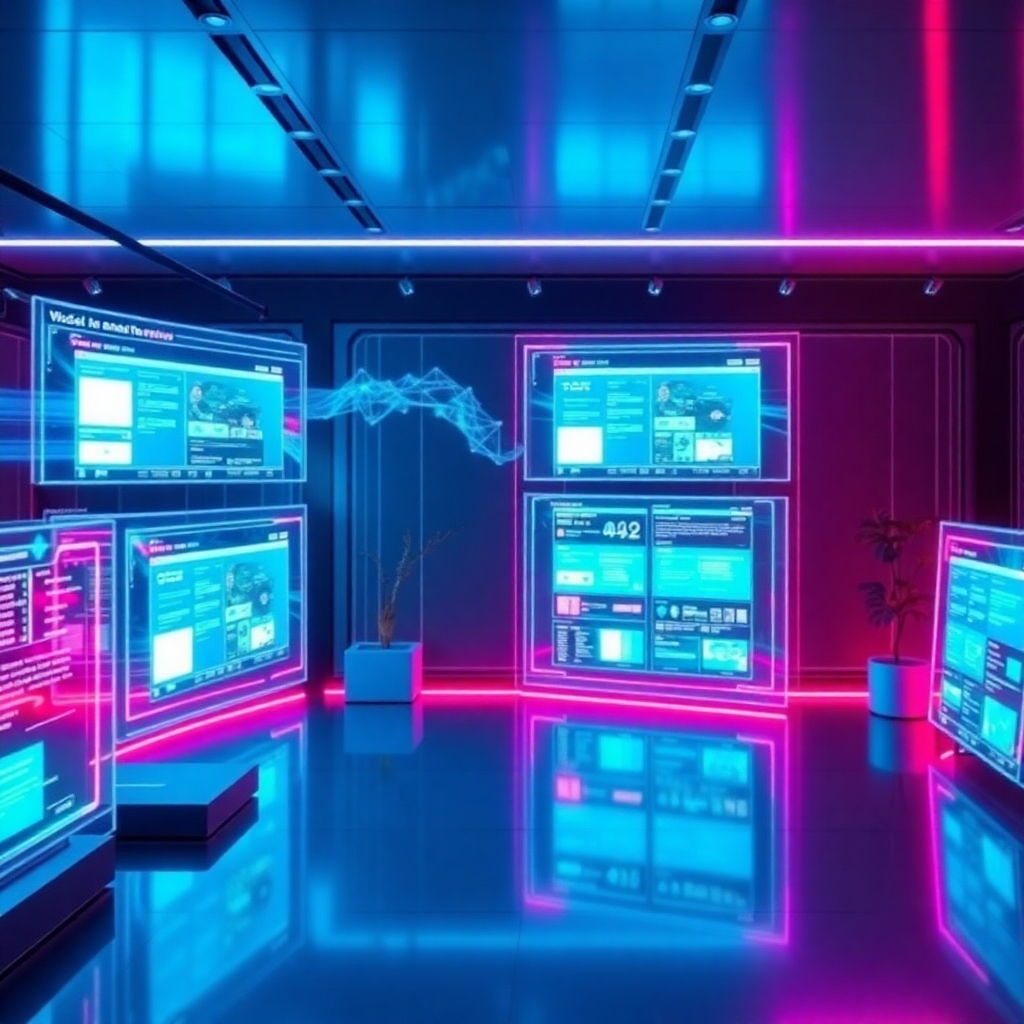 Show a concept of the future of web development featuring digital screens displaying future interfaces. The lighting should be futuristic, with vibrant colors to captivate interest. Create a space that feels ahead of its time, incorporating holographs and advanced technology to express a sense of innovation and forward-thinking.