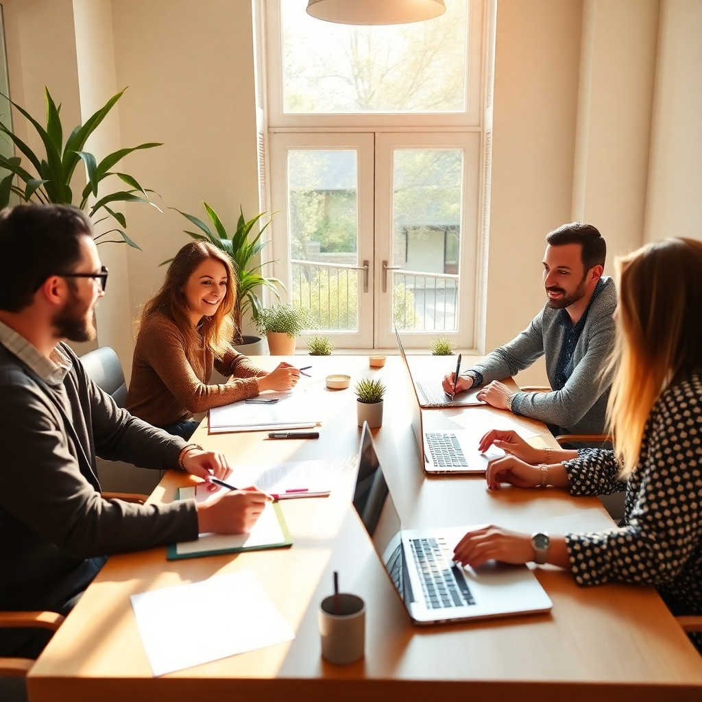 Show a review session where colleagues provide feedback on each other's work at a bright, sunny conference table. The lighting should be warm with sunlight pouring through the window, creating a friendly atmosphere. The color palette should include natural tones with elements of greenery from outdoor plants. Capture lively discussions, notes, and laptops open, showcasing the collaborative spirit of improving content.