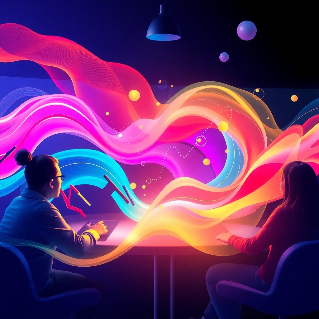 Showcase a conceptual scene where creative minds are brainstorming using the AI-driven design tool. Visualize vibrant colors and flowing shapes that represent ideas coming to life, with the AI facilitating creative discussion. Employ dynamic lighting effects to symbolize inspiration, using textures that highlight the fusion of art and technology. Provide a high-quality resolution to create an engaging visual experience centered around the collaborative creative process.