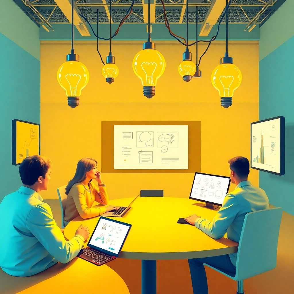 Showcase a digital brainstorming session where users provide input to OpenAI on the new model. Include metaphorical imagery such as light bulbs for ideas, using a harmonious color palette of yellows and blues to evoke positivity. Textures should reflect a blend of virtual and physical environments, with screens displaying user inputs and sketches. The image should convey vibrancy and collaborative spirit in high resolution.