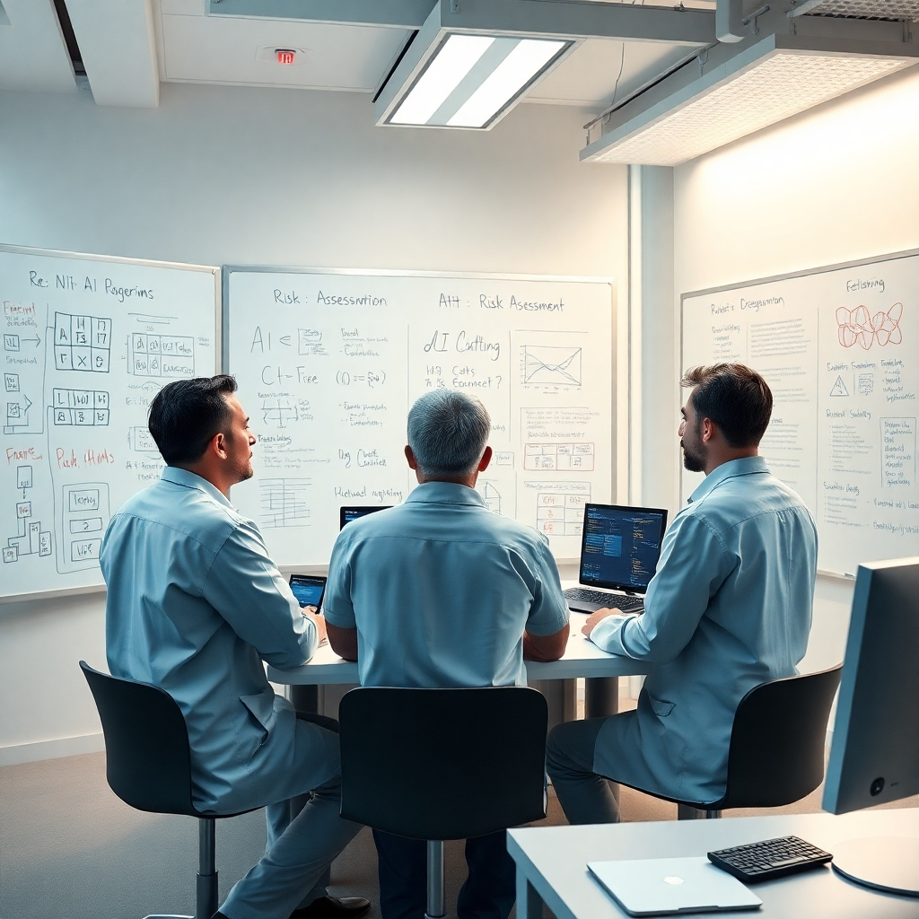 Showcase a team of AI researchers analyzing algorithms in a modern lab environment, with whiteboards filled with data and strategies. The room should have bright, focused lighting that enhances the serious nature of the discussion. Props like computers showcasing risk assessment tools should add depth. Render this setting in hyperrealistic detail to highlight the work involved in mitigating AI risks.
