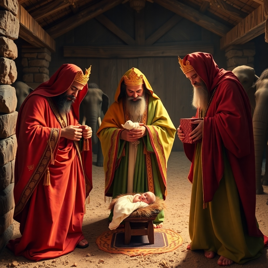 Three wise men, adorned in rich, colorful robes and intricate jewelry, approach the stable with gifts in hand. They are depicted in a dynamic pose, bowing with reverence before baby Jesus. The stable is rustic, with glowing light accentuating the scene, and exotic animals like camels and elephants can be subtly included in the background, enhancing the sense of a royal visit.
