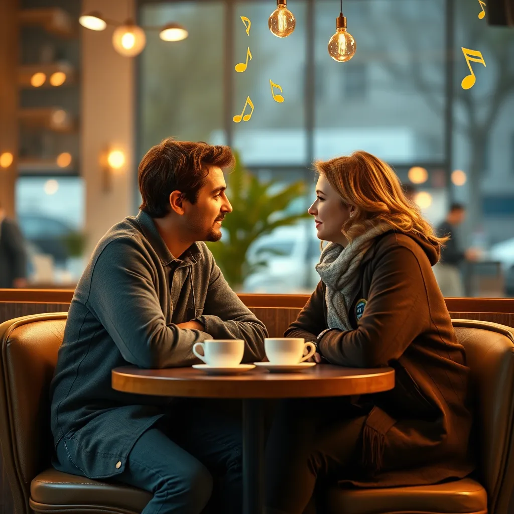 Two people sitting at a cozy café table, engaged in deep conversation. They are leaning towards each other with attentive expressions. The setting includes warm lighting, coffee cups on the table, and soft background music notes hanging in the air to symbolize a nurturing environment.