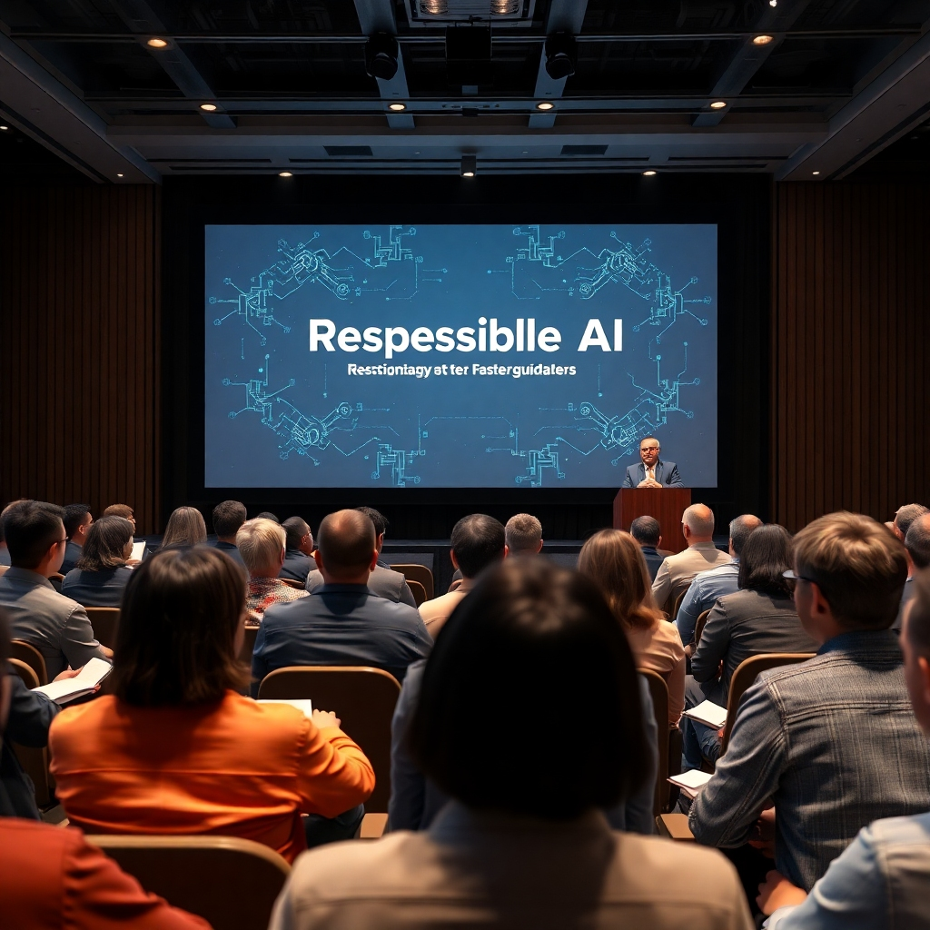 Visualize a conference where Anthropic leaders are presenting ethical guidelines for AI usage on a large screen. The atmosphere should be serious yet illuminating, with engaged attendees taking notes and participating in discussions. Soft lighting focuses on the speaker and banner displaying 'Responsible AI'. Ensure the scene captures the commitment to ethics in hyperrealistic detail, depicting a compelling narrative around AI safety.