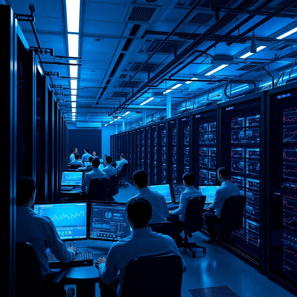 Visualize a data center bustling with activity, showcasing cloud servers that represent OpenAI’s cutting-edge technology. The ambient lighting is cool and tech-oriented, with blue and white hues emphasizing a futuristic feel. Highlight engaged technicians monitoring systems, with graphs and AI data visualizations projected on screens. Aim for a detailed, hyperrealistic interpretation that captures the essence of AI-powered cloud services.