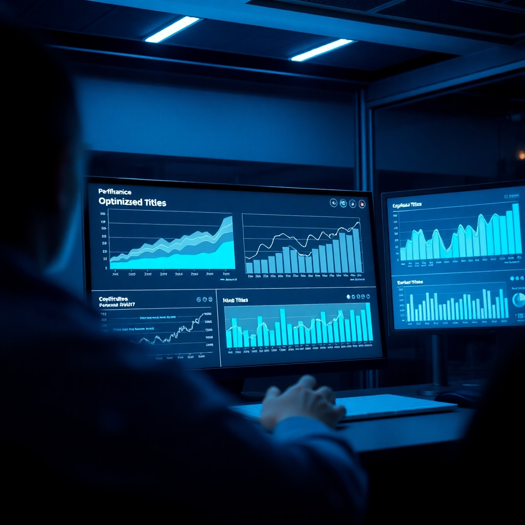 Visualize a digital dashboard showcasing a website's performance analytics. The lighting should be cool and tech-inspired, emphasizing a modern digital environment. Use colors like blue and white to convey technology. Incorporate screens with graphs and charts that reflect the success of optimized titles. Make the scene photorealistic, capturing the significance of data analysis.