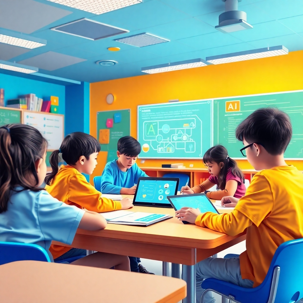 Visualize a dynamic classroom environment where learners engage with AI tools and resources. Depict students collaborating on projects with digital interfaces displaying AI scenarios. The atmosphere should be lively and bright, using a color palette of blues and oranges to create an inviting learning space. Incorporate textures that reflect an interactive and stimulating environment, ensuring high-quality resolution highlights the educational theme.