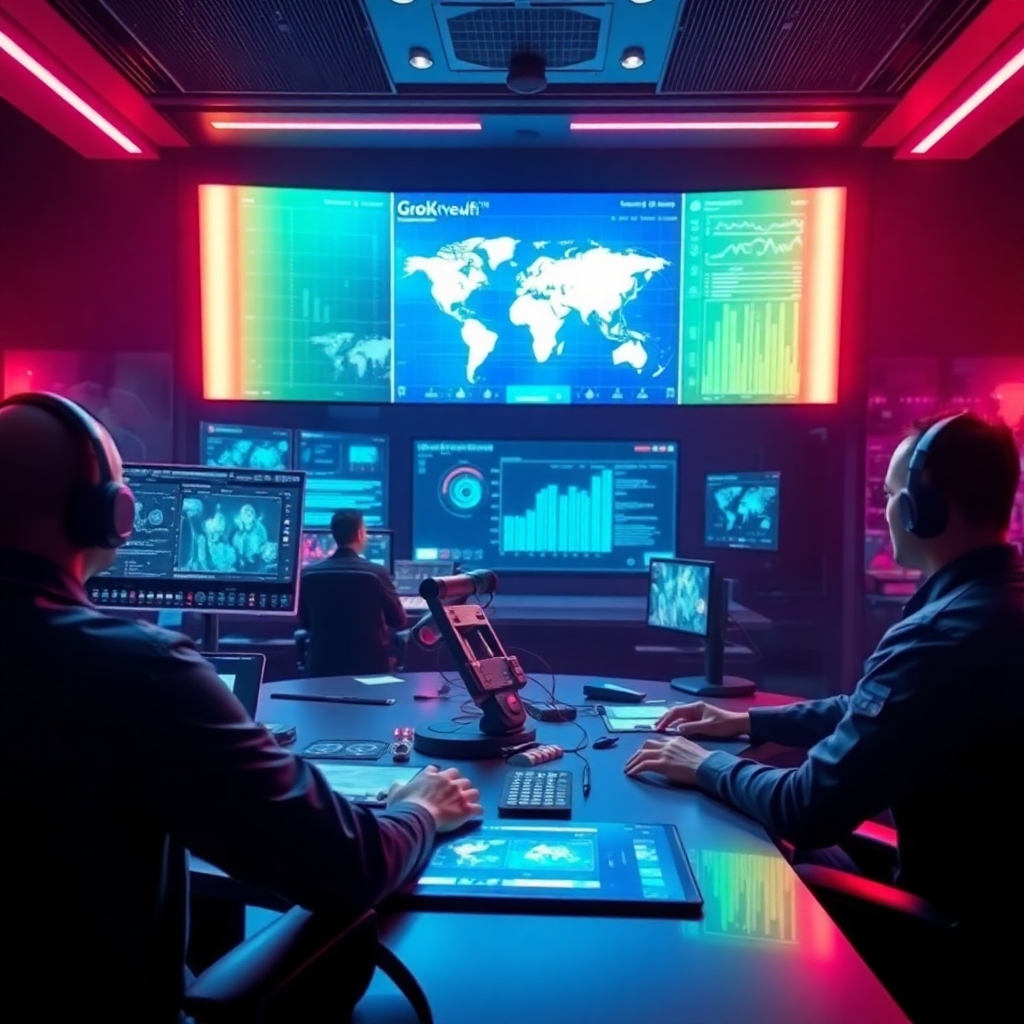 Visualize a high-tech control room where Grok Vision technology is being operated by users, showcasing various AI applications in real-time data analysis. The room is designed with sleek interfaces, highlighted by futuristic lighting effects. Details like digital data streams and holographic displays should enhance the hyperrealistic portrayal of innovation, immersing the audience in the experience of advanced technology.