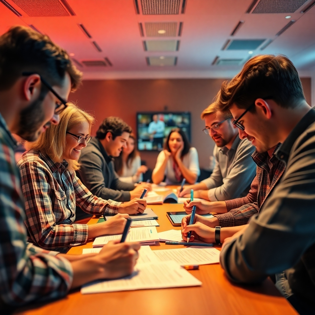 Visualize a lively workshop setting where participants are collaborating over content pieces on physical and digital formats. The lighting should enhance creativity, with vibrant colors like orange and red promoting engagement. Capture the energy with close-up interactions and notes, emphasizing the learning environment.