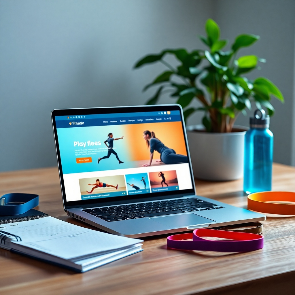 Visualize a modern workspace desk setup, featuring a sleek laptop open to a well-designed fitness website. Use dramatic side lighting to highlight the screen’s vibrant colors and the active exercise content displayed. The color palette should consist of cool blues, bright whites, and energizing oranges to create a tech-savvy atmosphere. Capture the scene at a 45-degree angle to emphasize the details on the screen and the surrounding materials like a fitness planner, colorful resistance bands, and a stylish water bottle. Incorporate textures such as polished wood and fabric for depth. Add a potted plant in the background for freshness, creating an inspiring workspace. The mood should be focused and dynamic, in the style of contemporary product photography. Ensure the output is ultra-detailed, in 8K resolution, reflecting a modern lifestyle.