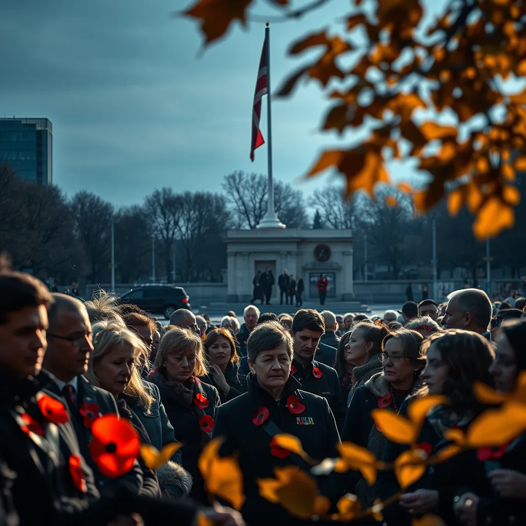 Visualize a moving Remembrance Day ceremony in an urban square. The foreground should feature diverse individuals of all ages, solemnly gathered, wearing symbolic poppy pins. The backdrop should include a large flag at half-mast and a grand war memorial draped in flowers. Capture dramatic side lighting highlighting the participants' expressions of remembrance, with shadows casting across their faces. The color palette should have deep blues and warm browns, creating a somber yet dignified mood. From a slightly elevated camera angle, depict the gathering crowd radiating empathy and shared respect. A gentle autumn breeze sends fallen leaves swirling in the foreground, enhancing the reflective atmosphere. Employing a photographic style reminiscent of photojournalism, showcase the image in 8K resolution, ensuring all details are hyperrealistic and compelling.