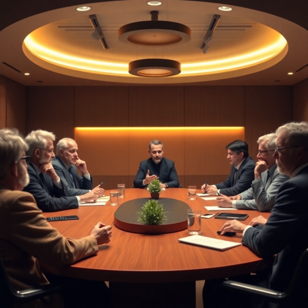 Visualize a roundtable debate featuring leading philosophers and scientists discussing AI consciousness. The room should have a modern, inviting aesthetic with a focus on the speakers. Warm, ambient lighting enhances a serious yet engaging atmosphere. Capture expressions of thoughtfulness and curiosity in a hyperrealistic manner, ensuring each detail conveys the depth of the discussion around AI and consciousness.