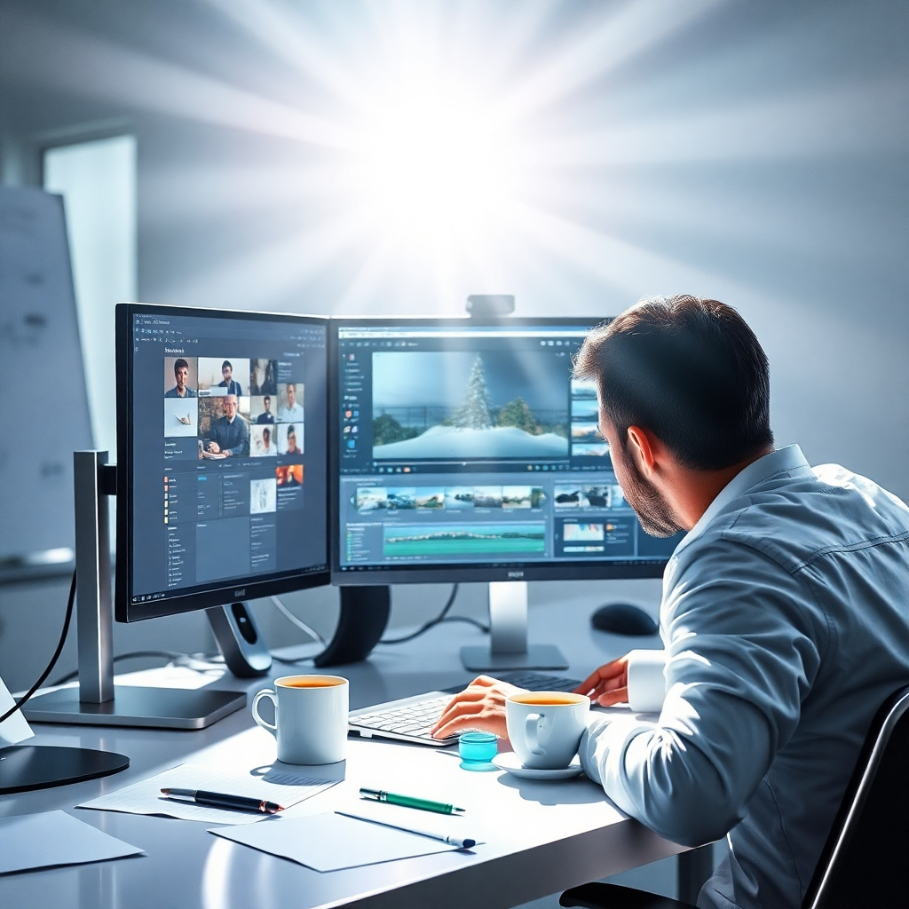 Visualize a stylish workspace with a person intensely focused on editing content on a large monitor. The lighting should be bright with rays reflecting off the screen, highlighting clarity in the work. Use colors like white and silver, symbolizing a tech-savvy environment. Include realistic details like coffee and notes scattered on the desk, enhancing the authenticity of the scene.