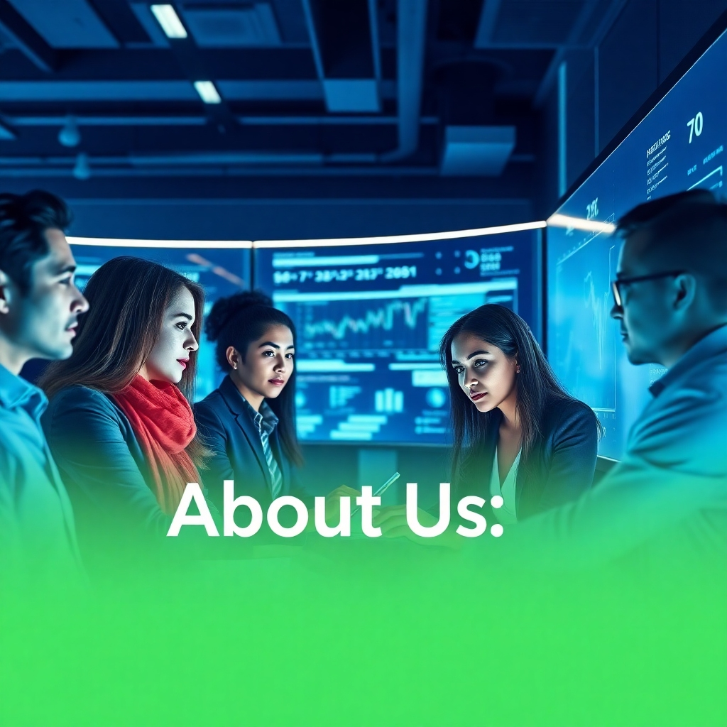 Visualize a stylized representation of AI news engagement in the modern era for the 'About Us' section. The image should feature a diverse group of professionals analyzing AI data on interactive screens in a sleek, modern workspace. Utilize a cool color palette dominated by blue and green tones to create a tech-inspired atmosphere. Soft lighting should illuminate the faces of the professionals, adding a sense of collaboration and focus. Textures should reflect smooth surfaces and high-tech interfaces. Target a high-quality 4K resolution for a polished finish.