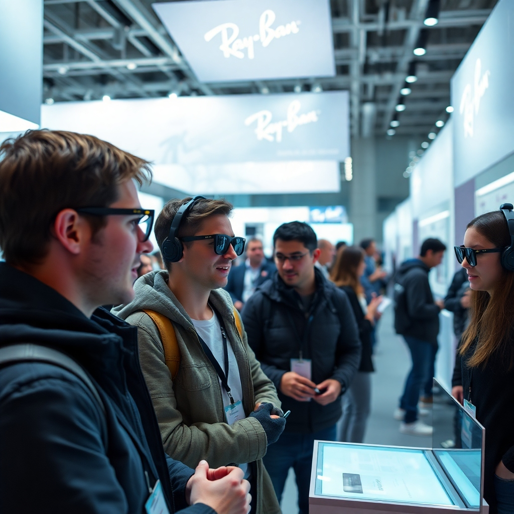 Visualize a tech expo showcasing Ray-Ban Meta Smart Glasses among other wearable devices, with enthusiasts interacting and testing the tech. The exhibition space should be modern and bright, filled with informational displays. Capture excitement and curiosity on the attendees’ faces indicating the acceptance of smart wearables. The environment should be rendered in hyperrealistic detail, promoting a sense of wonder about the evolution of AI technology.