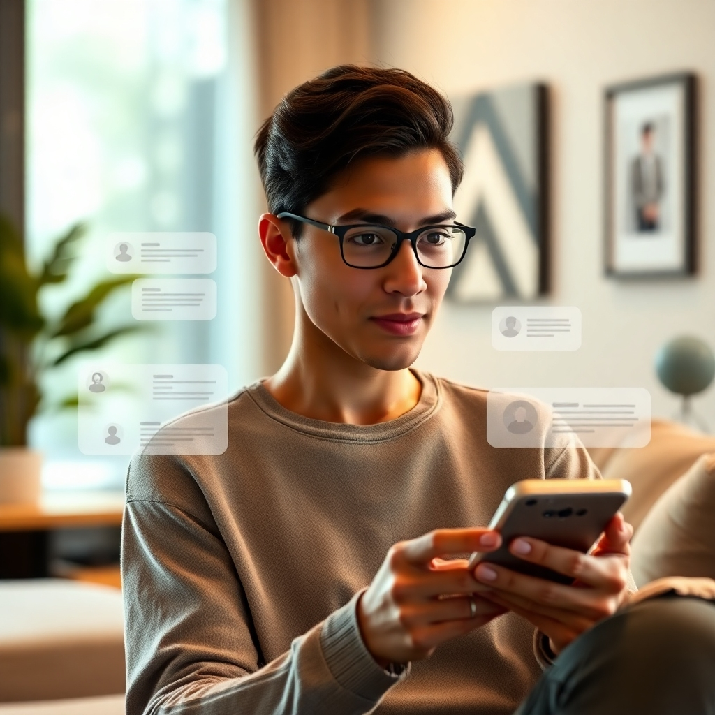 Visualize a user engaged in a conversation with a sleek, modern AI assistant interface on their device. The background is a chic, contemporary living space with soft, ambient lighting highlighting the user’s expressions of curiosity and interest. Include virtual elements like speech bubbles or animated data feeds. Aim for a photorealistic image that illustrates the integration of smart assistants into everyday life, emphasizing clarity and engagement.