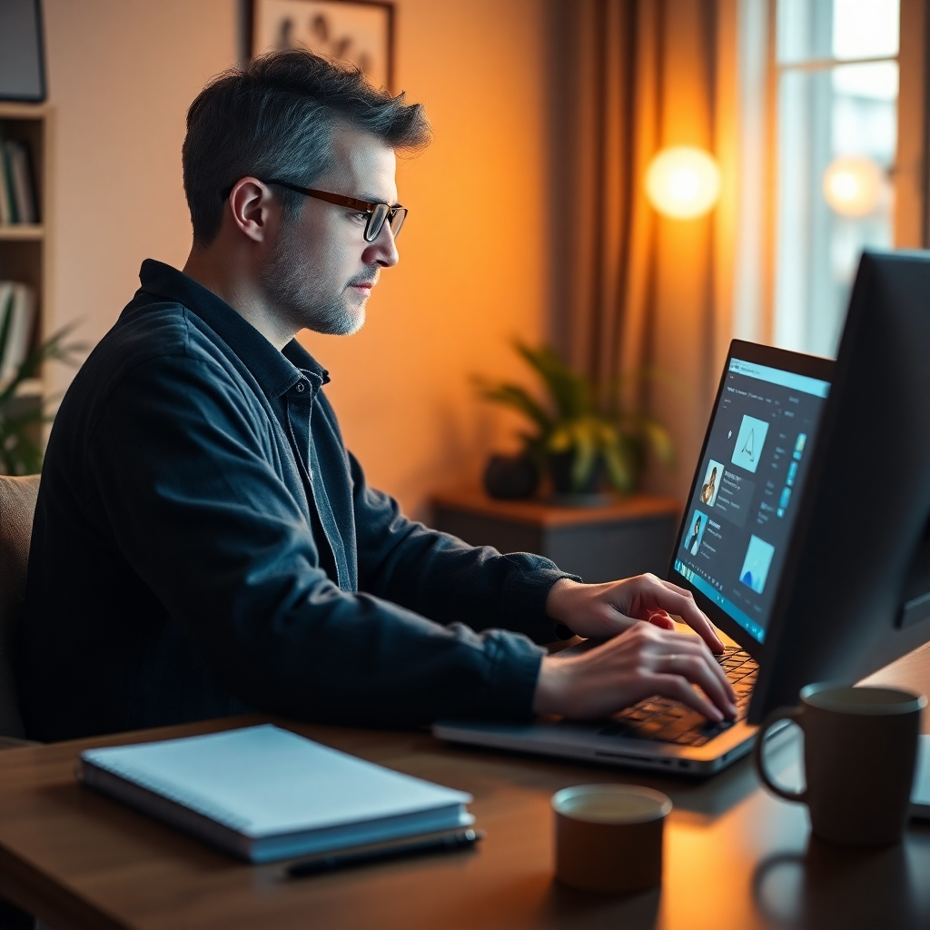 Visualize an ordinary user seamlessly interacting with a Copilot-enabled PC in a cozy yet modern home office setting. The screen displays intuitive AI suggestions assisting with tasks, bathed in soft, warm lighting. Props like a notepad and a coffee cup enhance the relatable atmosphere. Aim for a balance of comfort and technology, ensuring the image is hyperrealistic, highlighting user engagement with innovative AI tools.