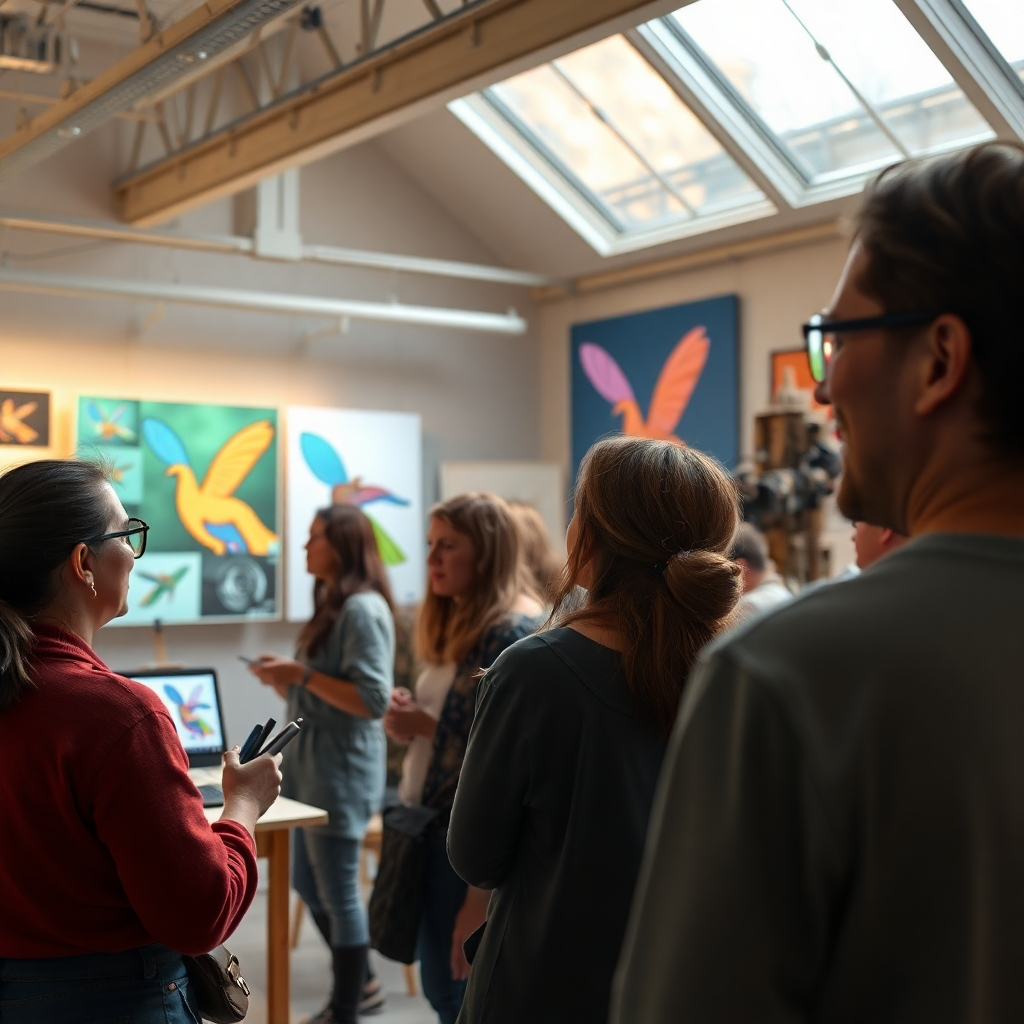 Visualize artists attending a workshop using Adobe Firefly to enhance their artwork. The creative space is bright and interactive, filled with displays and tools that aid their process. Expressions of enthusiasm among participants should capture the transformative impact of the technology. Render this in hyperrealistic detail to reflect how AI empowers creativity while upholding integrity.