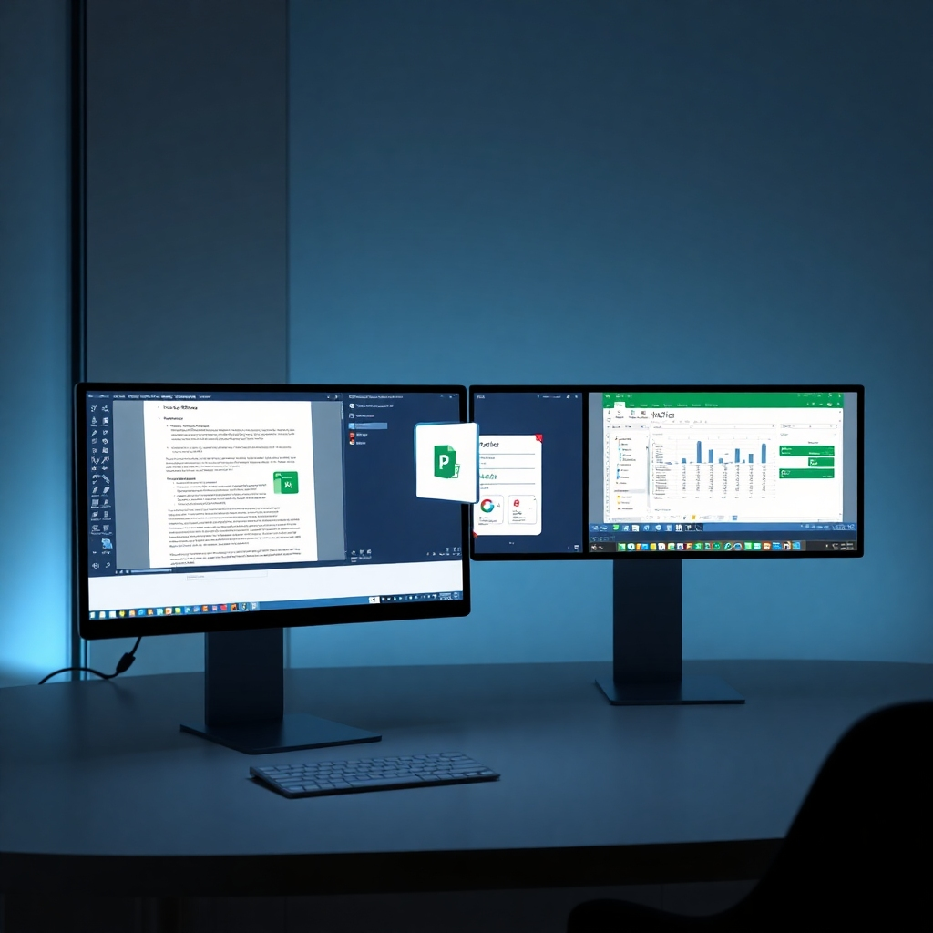 Visualize the Microsoft Office suite displaying Copilot in action within applications like Word and Excel. Capture a professional environment where users efficiently create documents and spreadsheets with the help of AI. Utilize a balanced color palette for a professional feel, emphasizing clean lines and modern design. Focus on textures of screens and user interactions, presenting the integration as seamless and intuitive. Ensure a high-resolution finish that conveys professionalism and productivity.