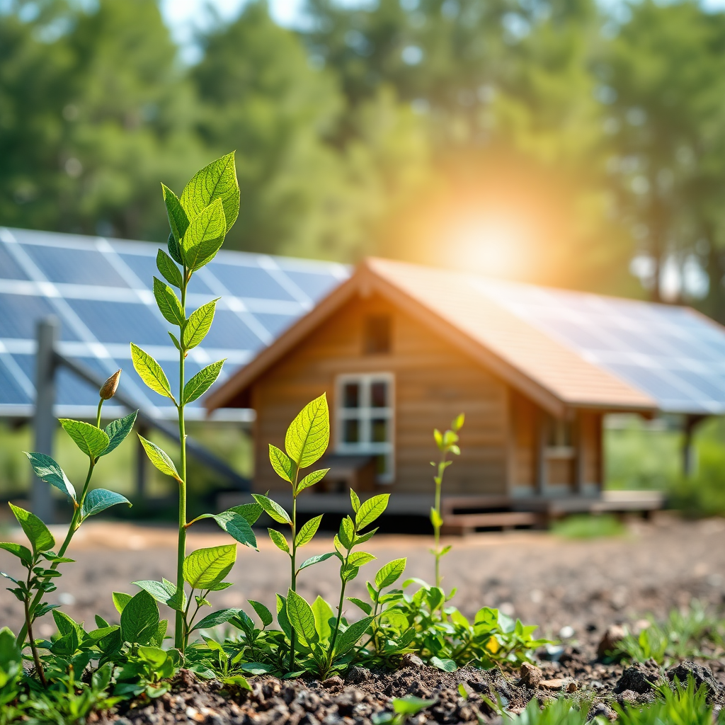 A highly visual, photorealistic image illustrating the transformation of investments from traditional to sustainable. The foreground shows a digital graph trending upward made of green leaves and plants, symbolizing growth. In the background, a cabin under solar panels indicates forward-thinking investment strategies. The lighting is bright and optimistic, with a color palette of greens and blues to convey sustainability. Each component should be clear and engaging, inviting viewers to imagine innovative investment possibilities. Resolution: 4K, high quality.