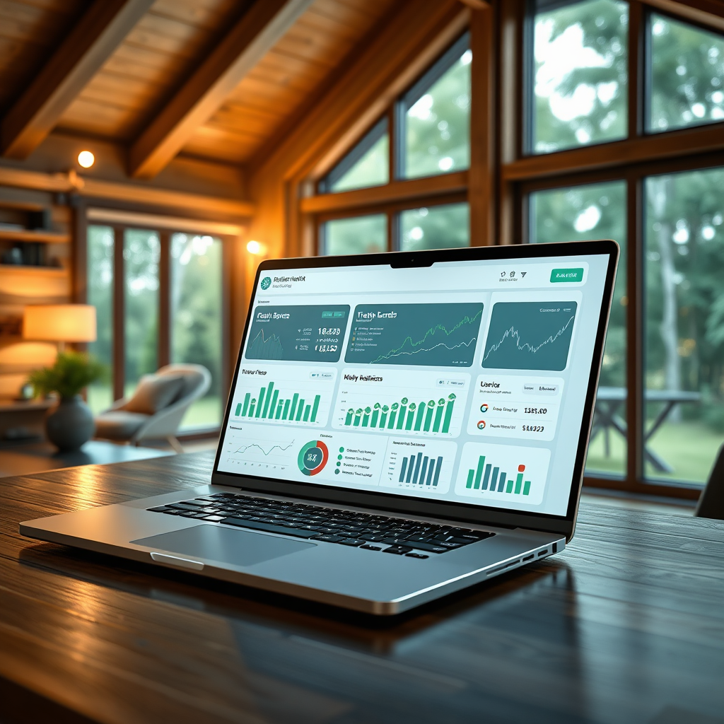 A sleek, photorealistic image showcasing a futuristic workspace featuring a digital investment dashboard on a laptop. The laptop is set against an elegant cabin backdrop with nature visible through the windows. The lighting is bright and focused, illuminating the dashboard's metrics and graphs. The overall color scheme includes modern metallic shades and eco-friendly greens, symbolizing the fusion of technology and nature. Specifications: high-quality, 4K resolution.