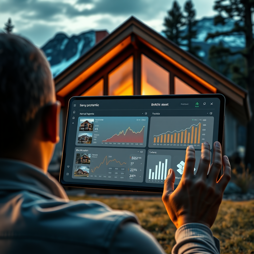 A striking, photorealistic scene of an individual reviewing a digital portfolio against the backdrop of a stunning cabin setting. The screen displays a mix of rental properties and blockchain assets, with graphs and eco-sustainability icons present. The lighting is warm, conveying a sense of calm focus, while the cabin's design adds a sense of harmony with nature. The overall vibe should encourage savvy investing in a peaceful environment. Technical specs include high-quality, 4K resolution.