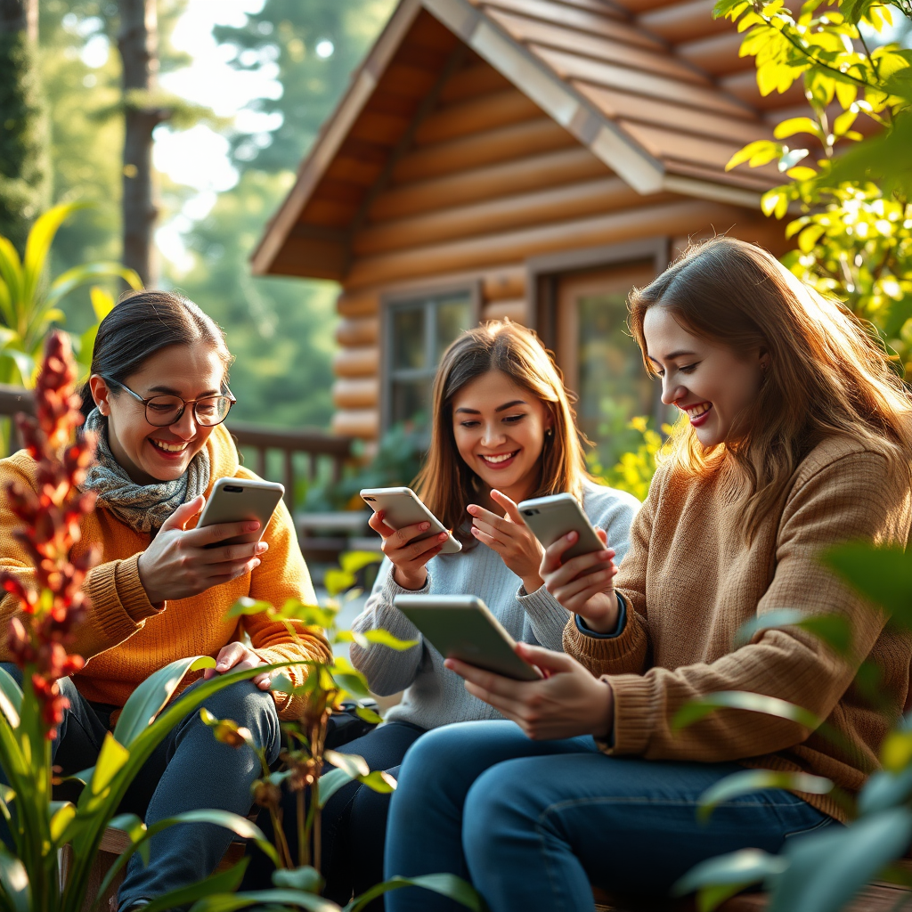 An inspiring, photorealistic image showing a family enjoying their time at an eco-friendly cabin with digital devices in hand. They are actively tracking their investments while surrounded by lush nature, symbolizing the integration of financial wellness and environmental responsibility. Bright, natural lighting should enhance the scene, featuring vibrant plant life and the cabin in the background. The colors should be warm and inviting, emphasizing comfort and modernity. Specifications: high-quality, 4K resolution.