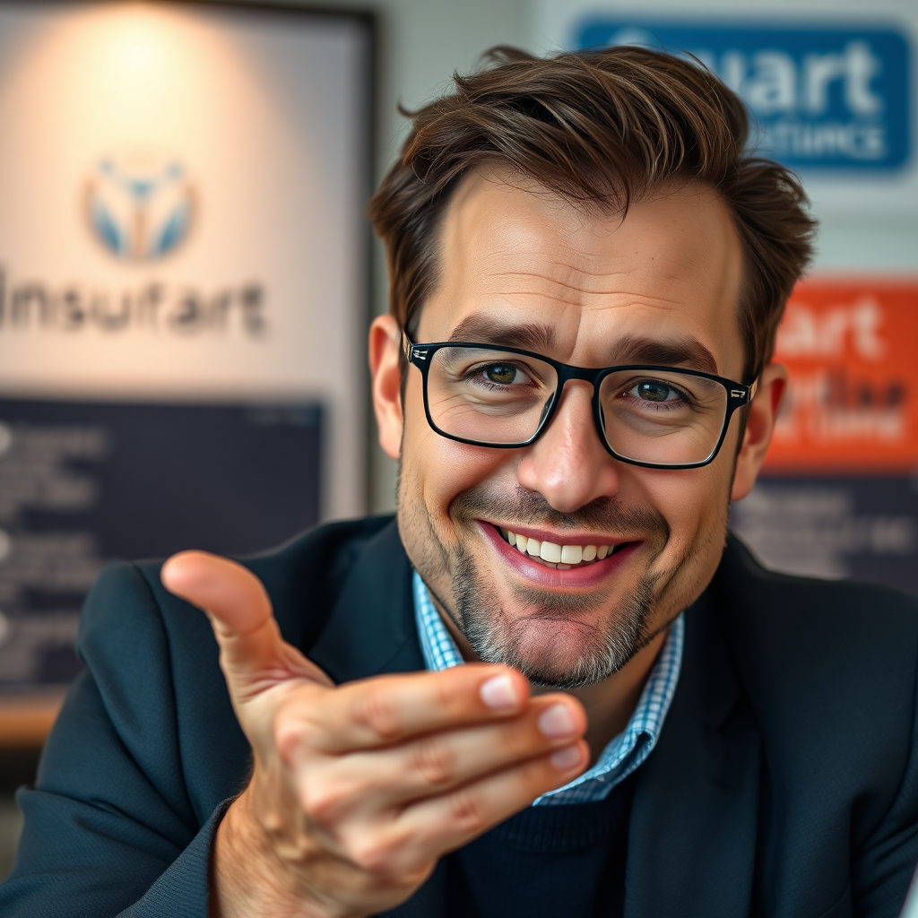 A close-up, photorealistic image of a knowledgeable insurance advisor providing expert advice with a friendly expression. The background features subtle branding elements. 4K resolution, high quality.