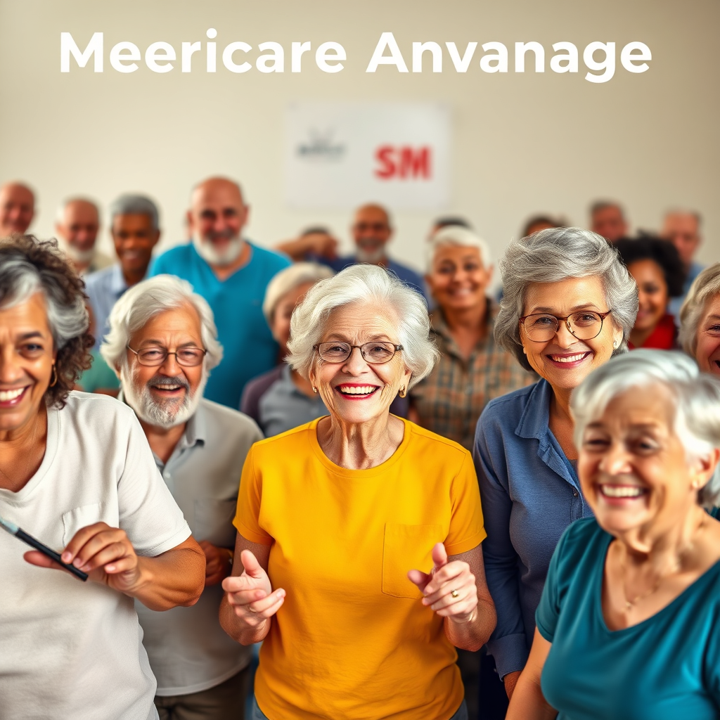 A diverse group of seniors happily participating in various activities covered by Medicare Advantage, such as fitness classes and doctor's visits. The scene is bright and energetic. 4K resolution, high quality.