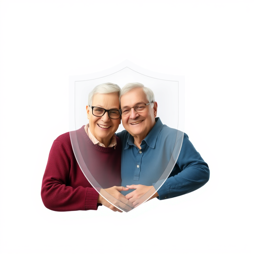 A stylized image of a protective shield surrounding a senior couple, symbolizing the financial security provided by Medicare Supplement insurance. The shield should be transparent and unobtrusive. 4K resolution, high quality.
