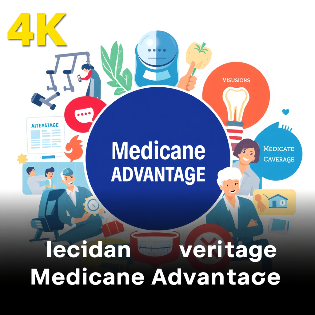 A vibrant, photorealistic image showcasing the various perks of Medicare Advantage, like gym memberships, vision and dental coverage, all interwoven in a visually appealing collage. 4K resolution, high quality.