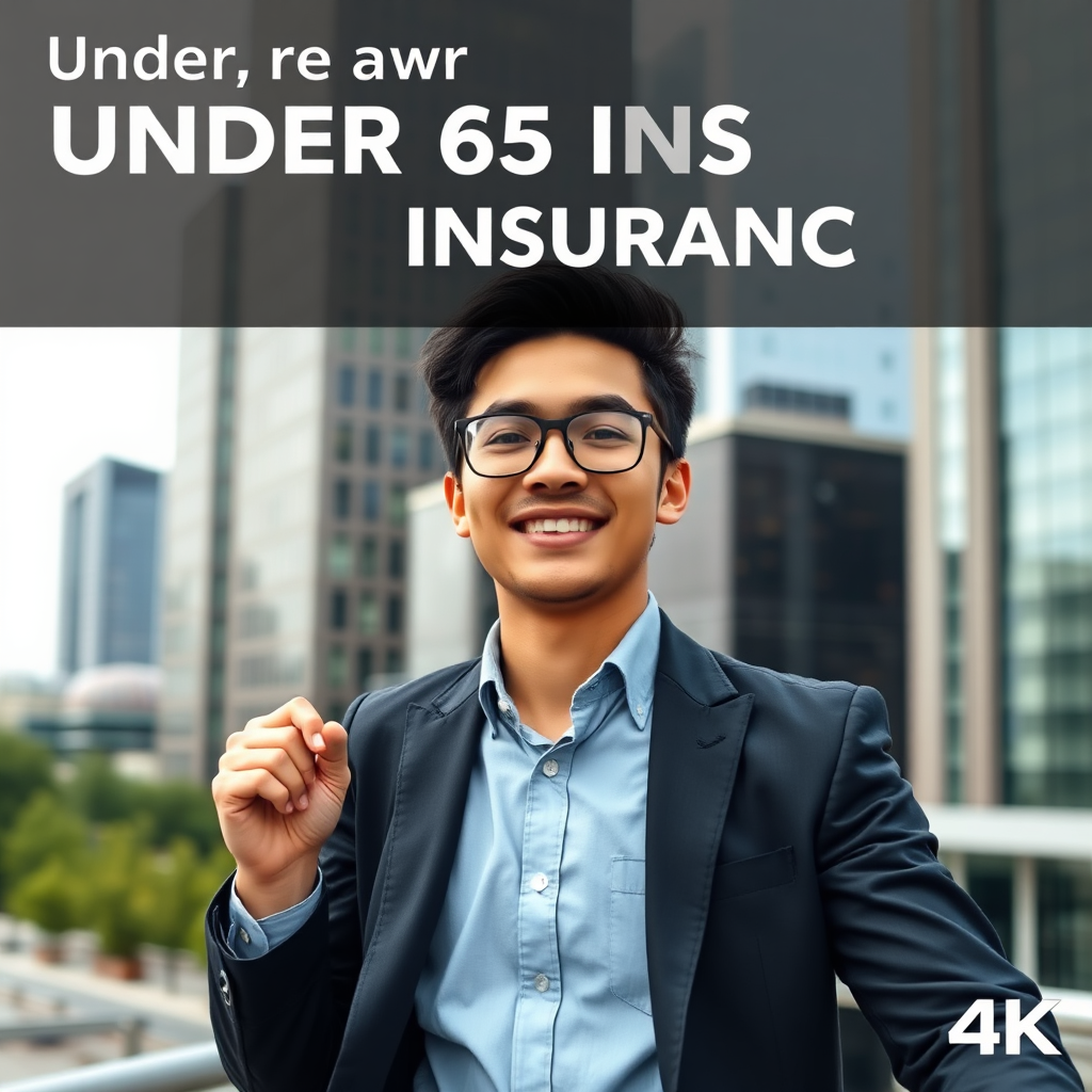 A young professional confidently navigating a cityscape, symbolizing a secure future with under 65 insurance. The background is a modern urban environment. The overall tone is optimistic and empowering. 4K resolution, high quality.