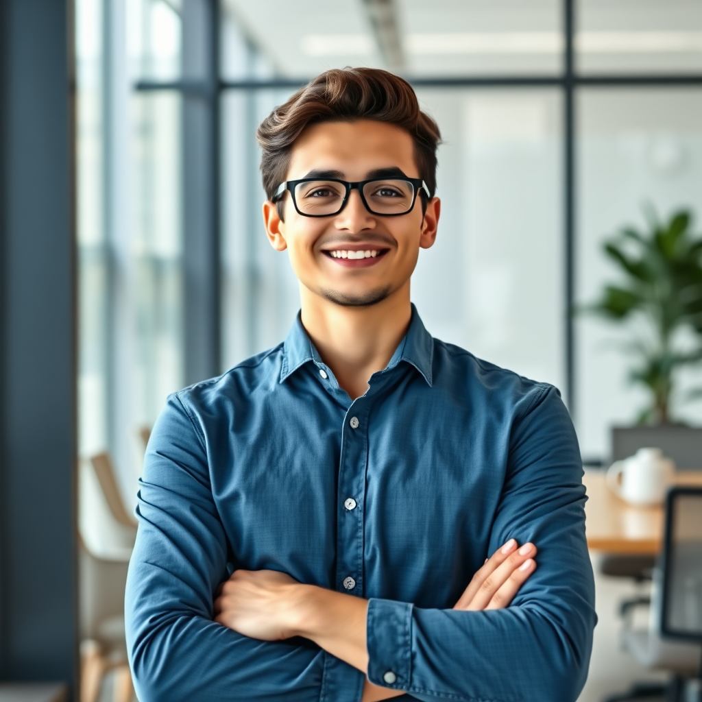 A young professional confidently standing in a modern office, symbolizing their secure future with a solid under 65 health insurance plan. 4K resolution, high quality.