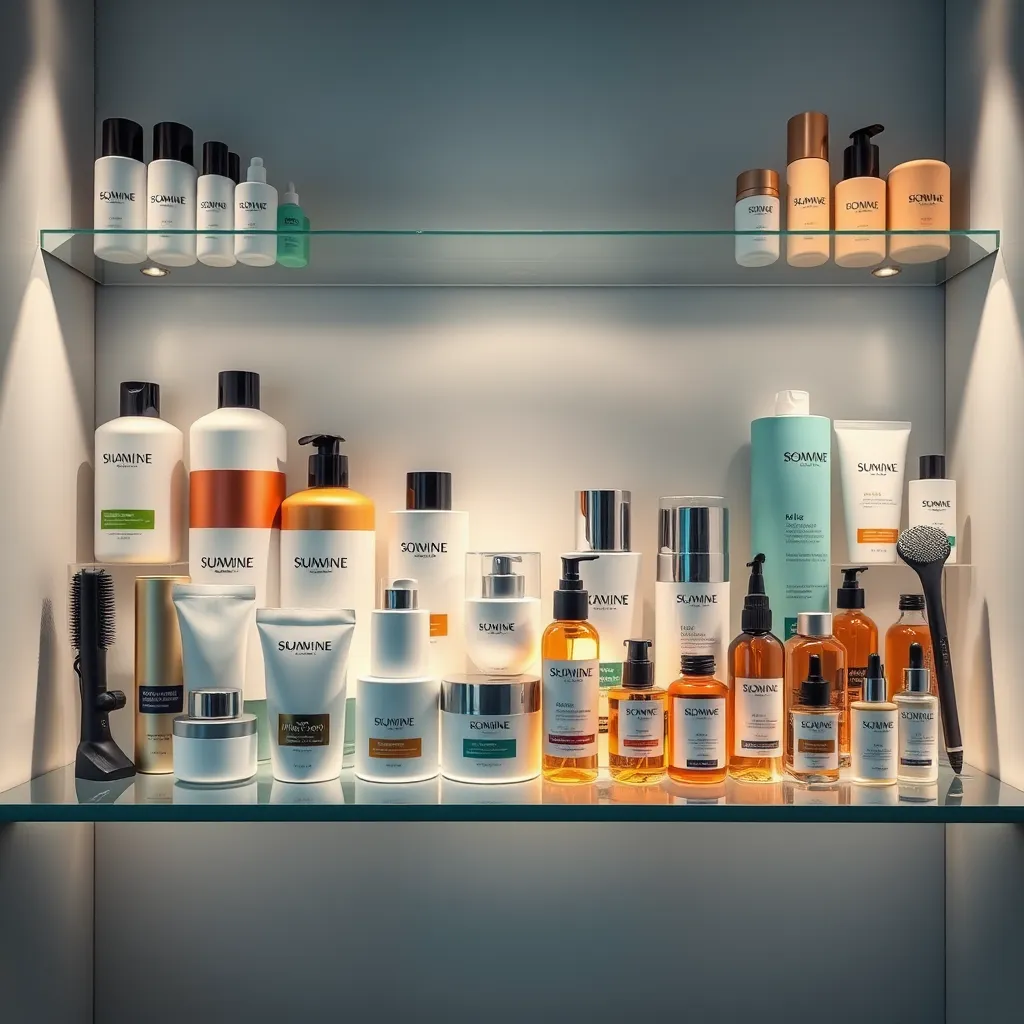  A beautifully lit, modern display shelf stocked with an assortment of hair care products, including shampoos, conditioners, hair masks, oils, styling tools, and serums. The products should be arranged aesthetically, with clear labels and branding, evoking a sense of high quality and variety.